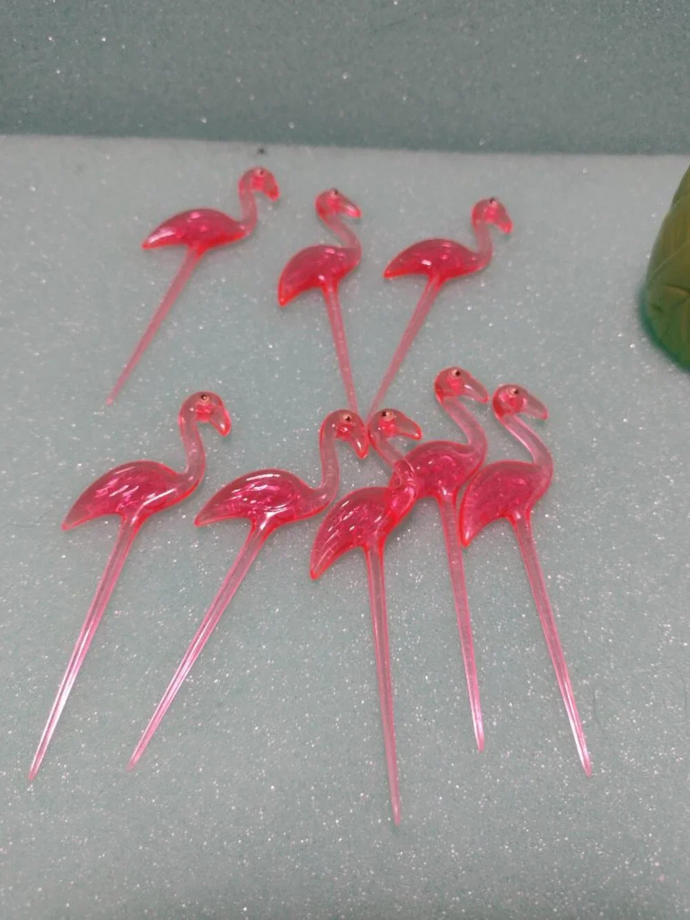 Set of 8 Pink Flamingo Crazy Eyes Cocktail Picks with a Green Leaf Holder